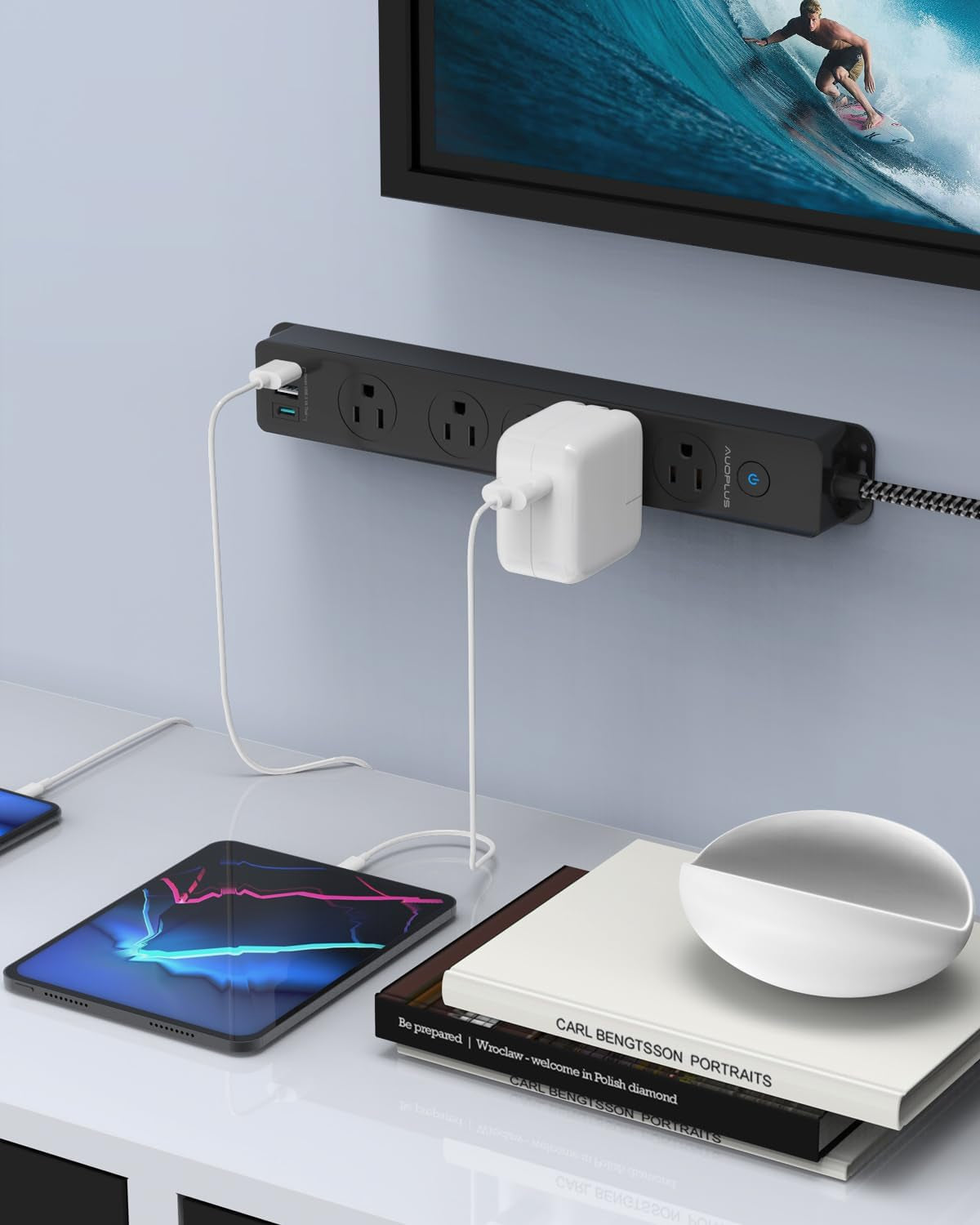 Surge Protector Power Strip with USB-C Ports, 5FT Braided Extension Cord, 5 Outlets and 3 USB Ports (1 USB-C), Mountable Power Strip with Overload Protection