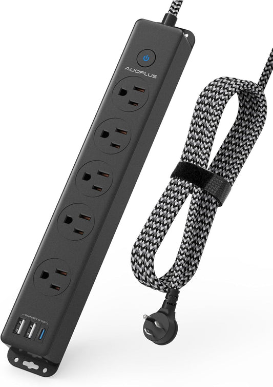 Surge Protector Power Strip with USB-C Ports, 5FT Braided Extension Cord, 5 Outlets and 3 USB Ports (1 USB-C),  Mountable Power Strip with Overload Protection