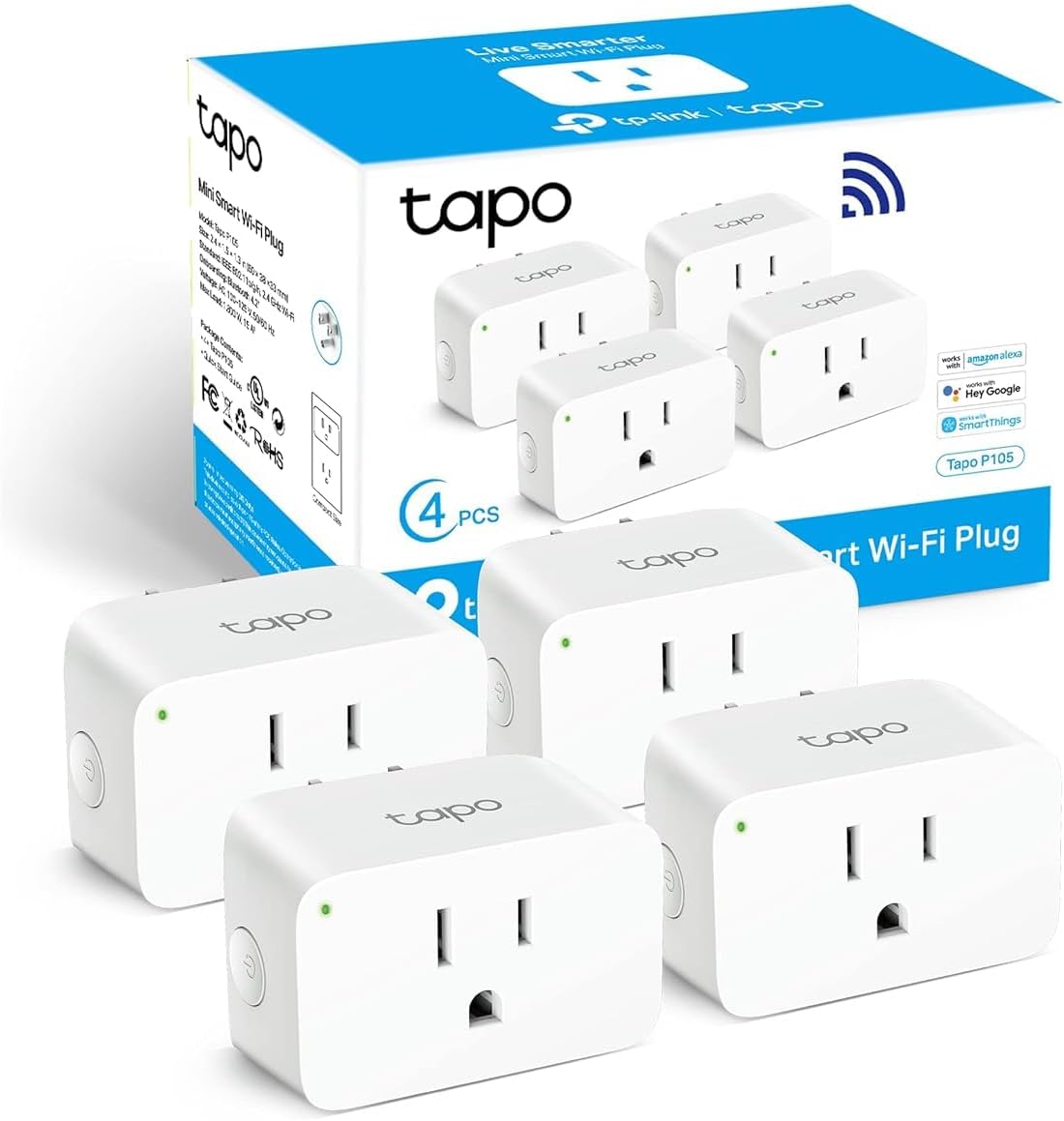 P105 Mini Smart Plug (4-Pack) - 15A Wi-Fi Enabled Smart Home Plug, Effortless Setup, Compatible with Alexa & Google Home, No Hub Required, UL Certified, 2.4G Wi-Fi Only, White