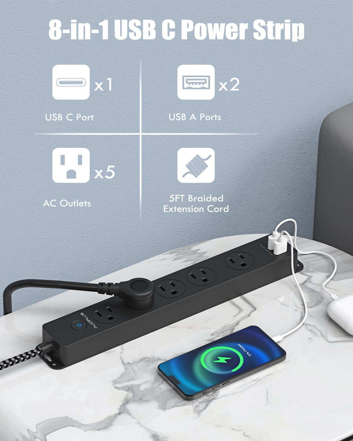 Surge Protector Power Strip with USB-C Ports, 5FT Braided Extension Cord, 5 Outlets and 3 USB Ports (1 USB-C),  Mountable Power Strip with Overload Protection