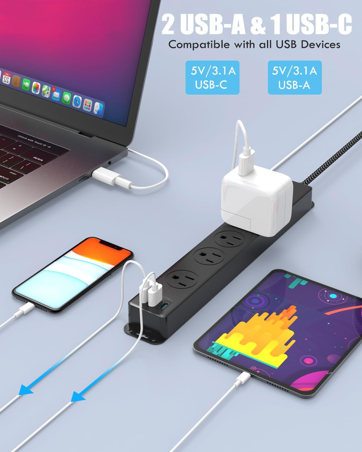 Surge Protector Power Strip with USB-C Ports, 5FT Braided Extension Cord, 5 Outlets and 3 USB Ports (1 USB-C),  Mountable Power Strip with Overload Protection